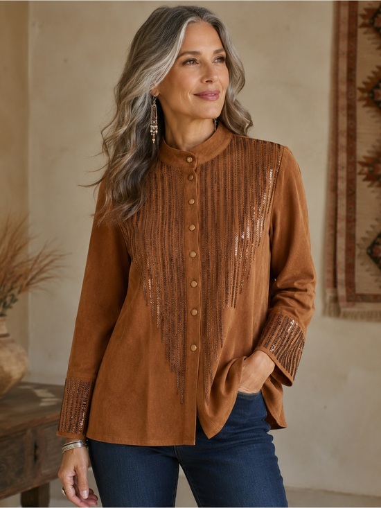 Bob Mackie Tops - Bob Mackie Wearable Art Faux Suede Sequin Western Blouse Top M Y2K Rodeo
